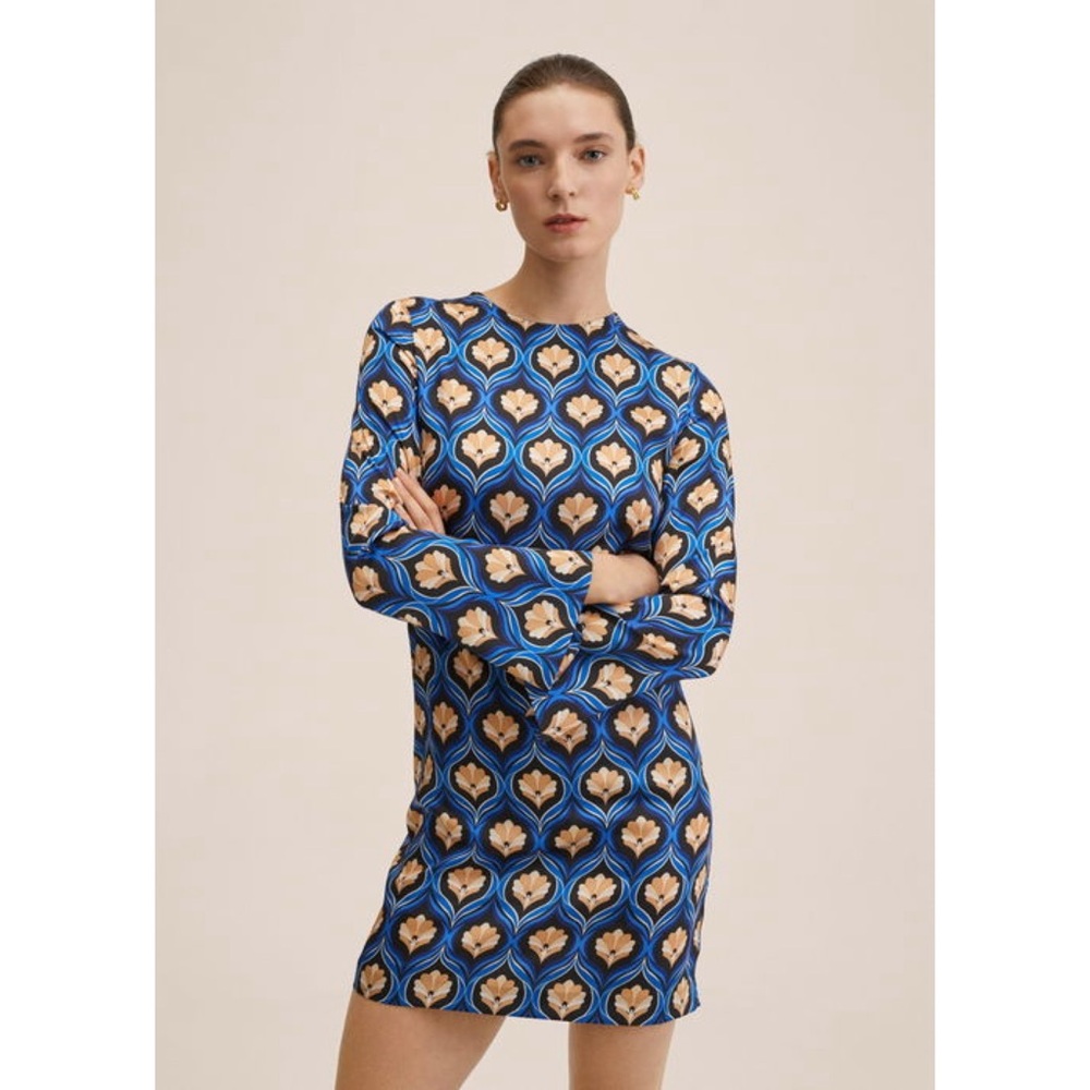 Mango Printed Retro Mini Dress in Blue And Blush Size M NWT